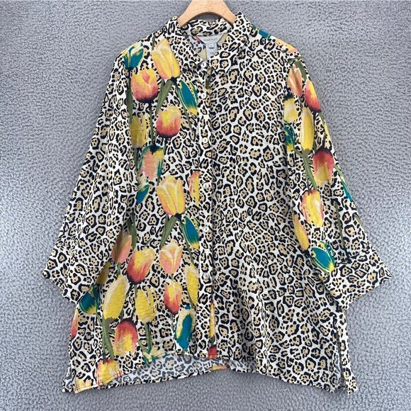 Multiples Top Womens Large Ivory Multi Animal Floral Button Collar Long Sleeve - Picture 1 of 9